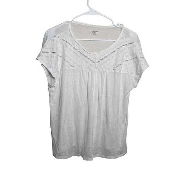 Loft Blouse Women's Large Linen Blend Embroidered Lace Short Sleeve Boho Top - Picture 1 of 9